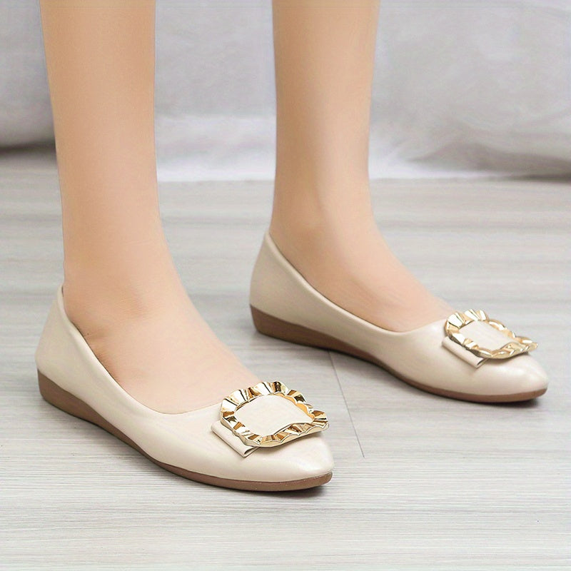 Women's Pointed Toe Metallic Square Buckle Flat Shoes Soft Sole Slip On Flats