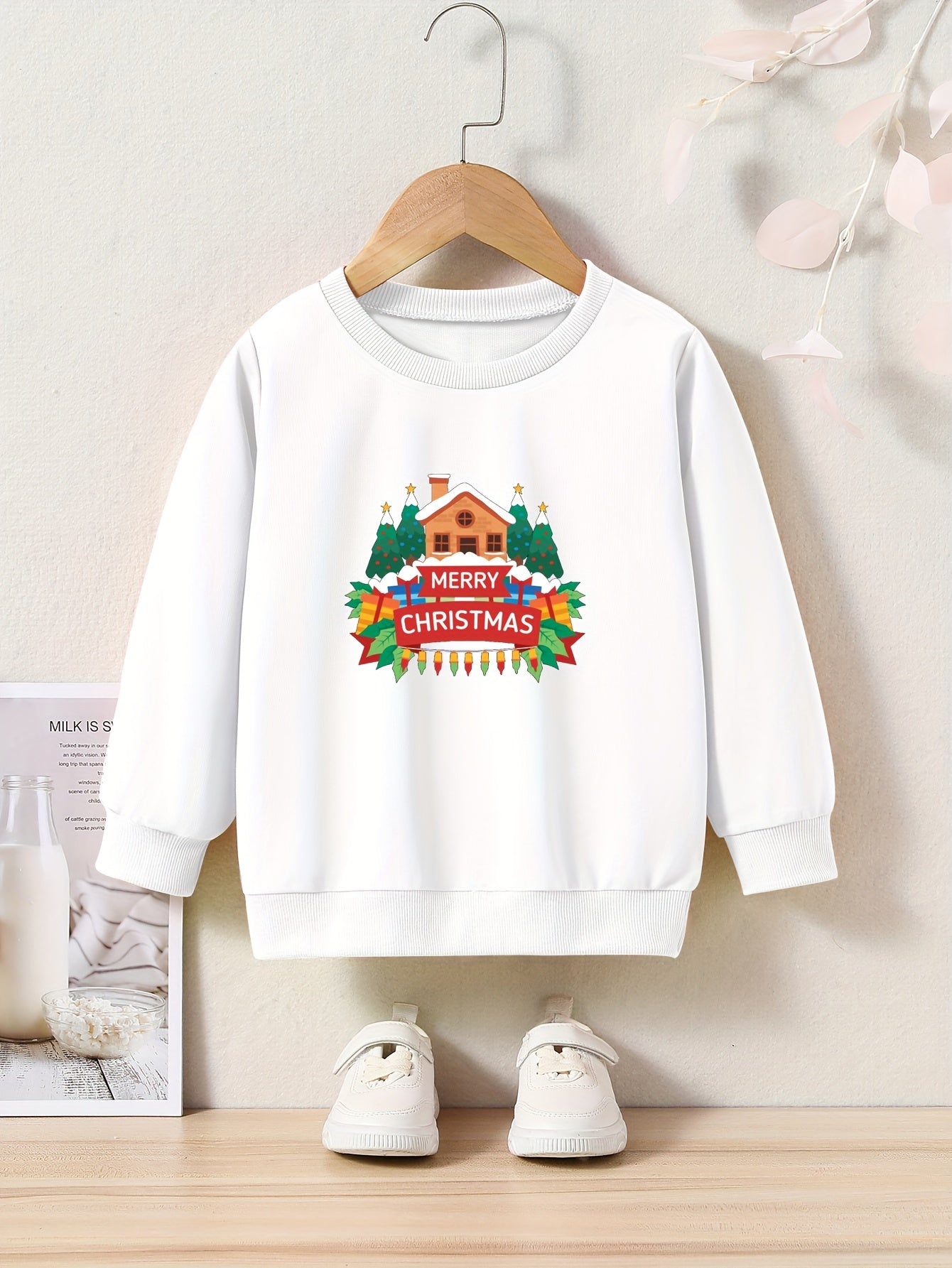 Christmas House & Tree Print Girls Sweatshirt Long Sleeve Crew Neck Top