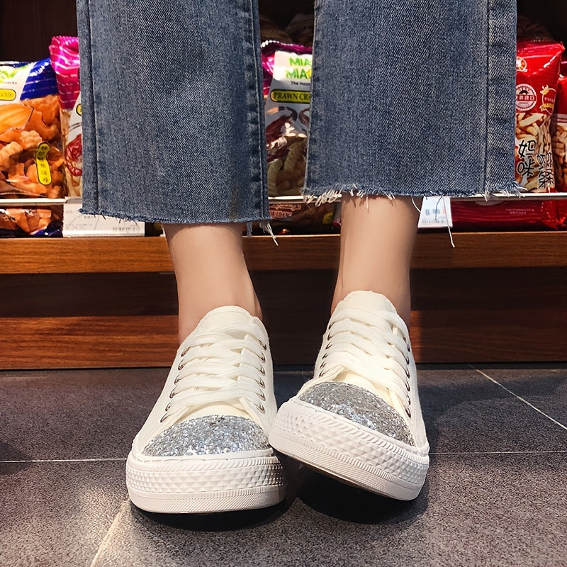 Silver Sequin Decor Canvas Lace-Up Skate Shoes Women's Footwear