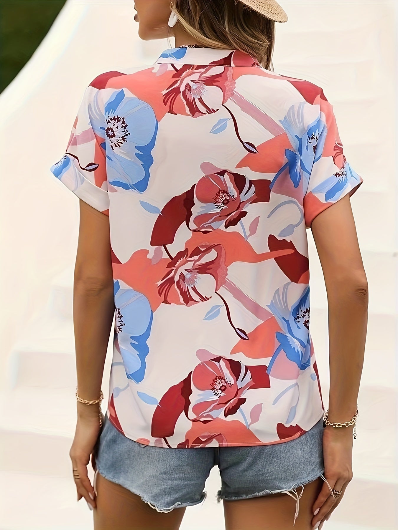  Casual Blouse Women's Plus Floral Print Short Sleeve Notched Neck Top