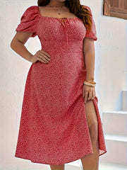 Boho Floral Print Puff Sleeve Tie Front Dress
