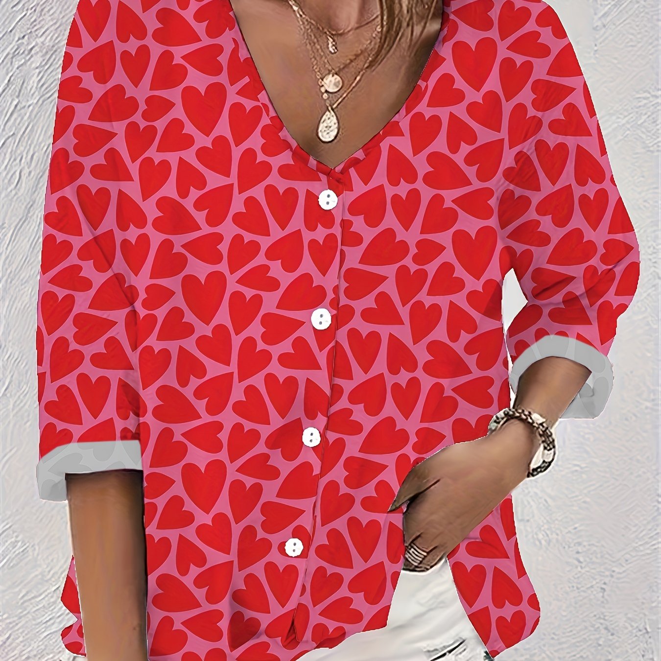  Women's Heart Print Button Up Blouse