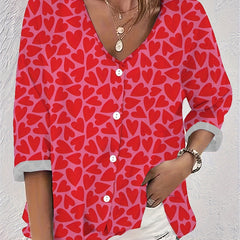 Women's Heart Print Button Up Blouse
