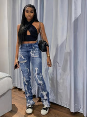 Long Denim Jeans Ripped Holes Distressed Pockets High Stretch Pants Women's