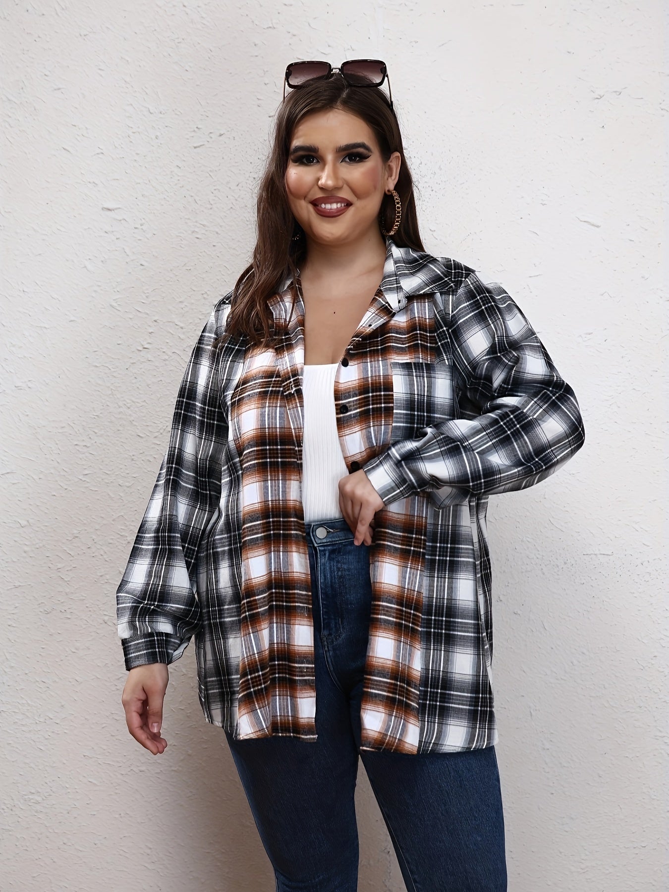  Colorblock Plaid Print Long Sleeve Blouse