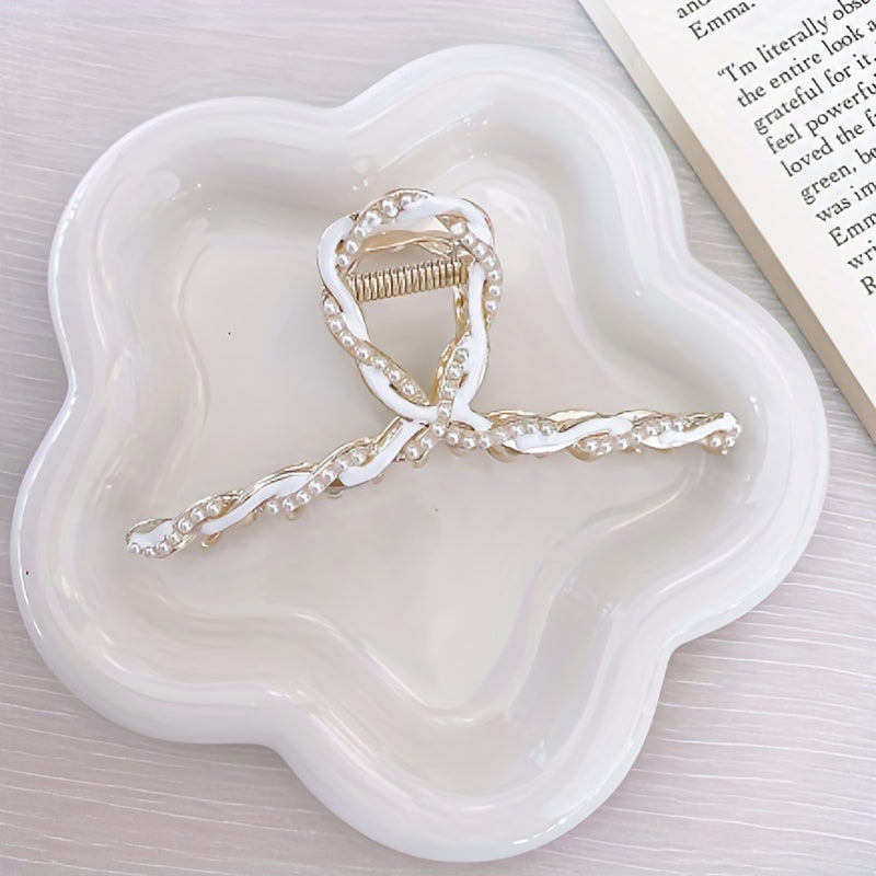 3pcs Faux Pearl Twisted Hair Claw Ponytail Holder Women Girls