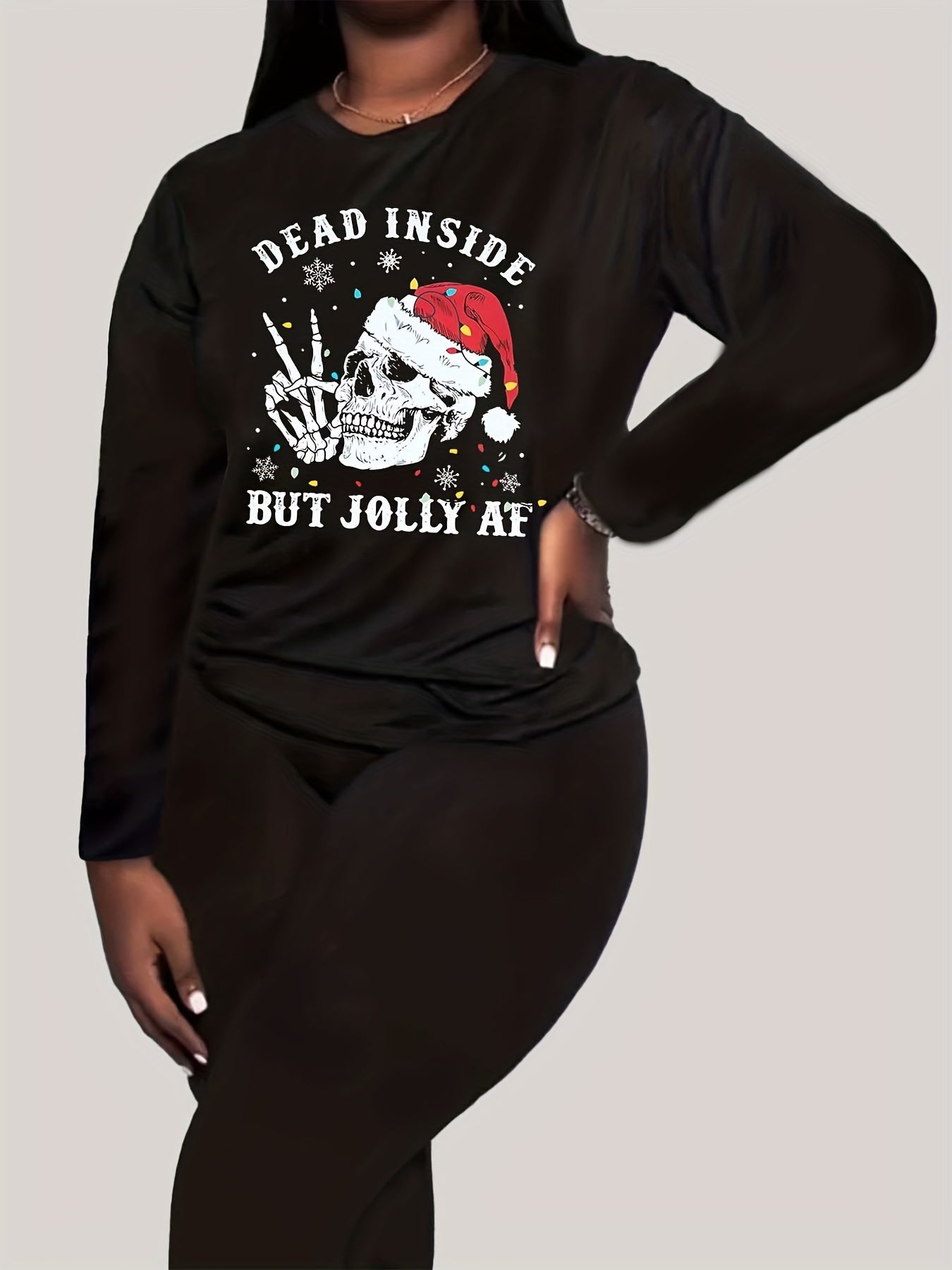  Christmas Outfits Set Women's Plus Christmas Hat Skull & Slogan Print