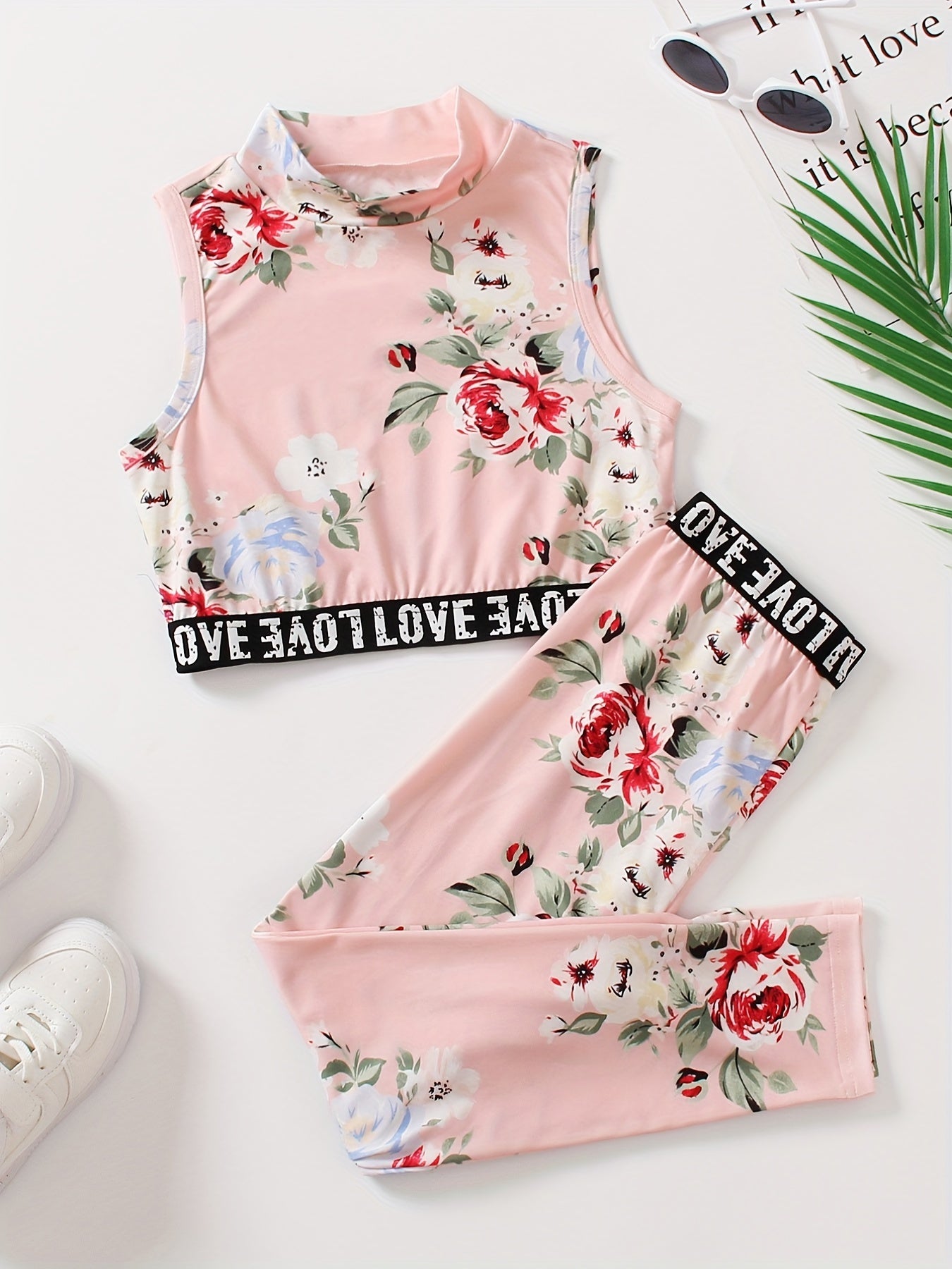 Girl's Boho Tropical Print Tank Top & Pants Set