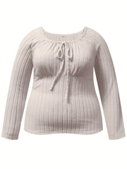  Solid Ribbed Long Sleeve Round Neck Knot Jumper