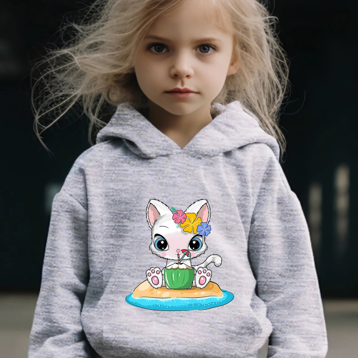 Cartoon Cat & Coconut Print Hoodie & Pants Set, Girl's Sporty Clothes
