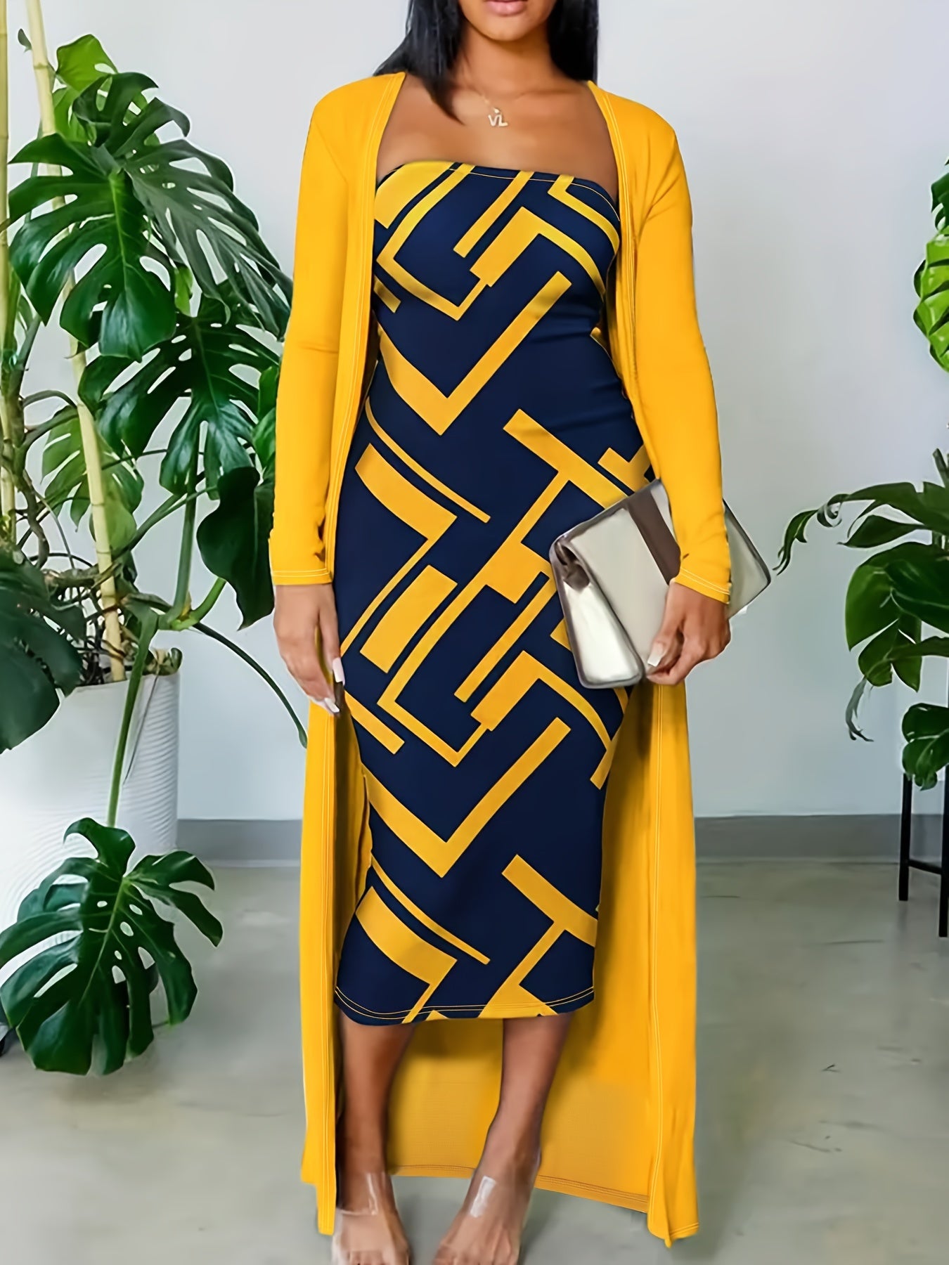  Women's Solid Long Sleeve Cardigan & Geometric Print Midi Dress Set