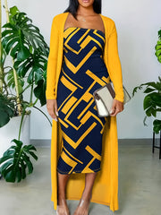  Women's Solid Long Sleeve Cardigan & Geometric Print Midi Dress Set