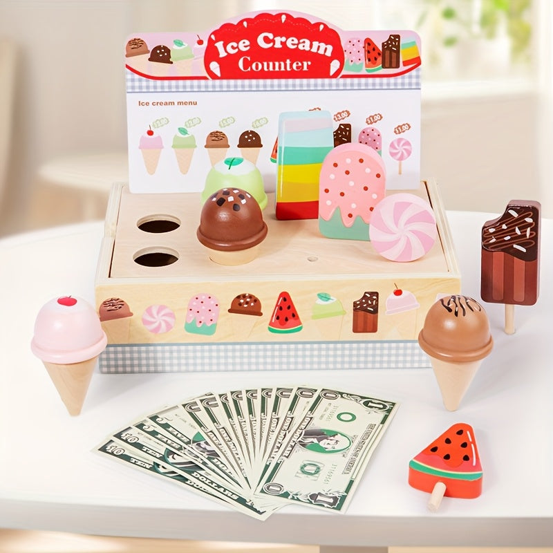 Wooden Ice Cream Counter Toy Set for Kids