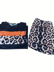  Colorblock Leopard Print Top & Shorts Set