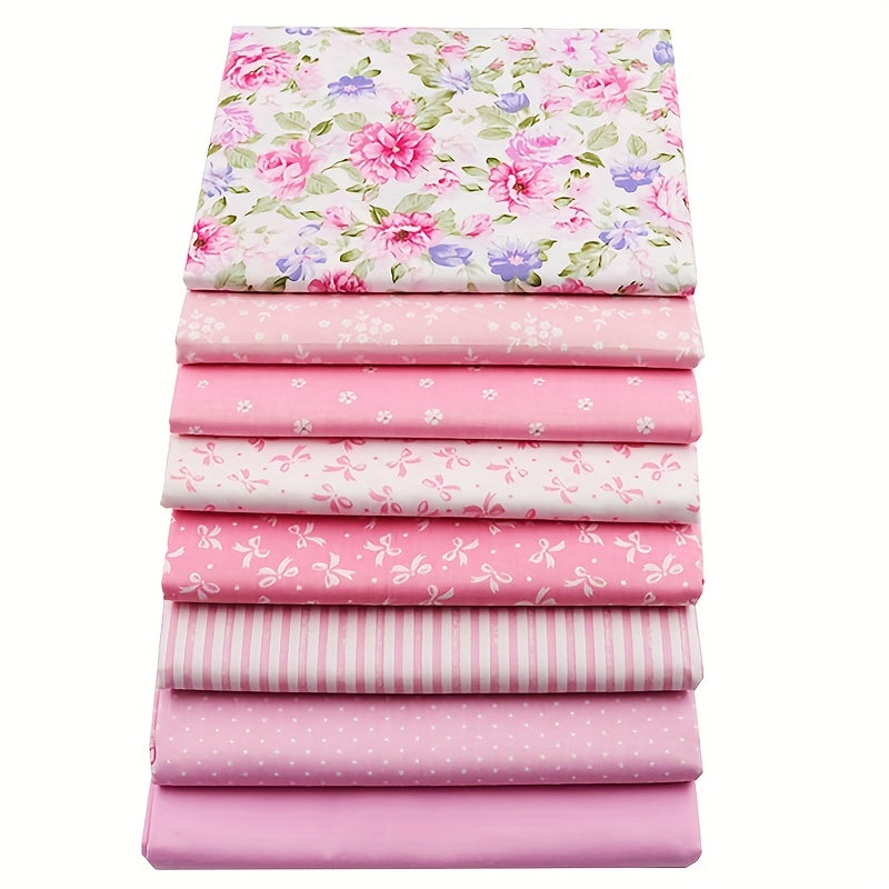 8pcs Pink Bow Flower Printed Fabric Patchwork DIY Sewing Quilting Material