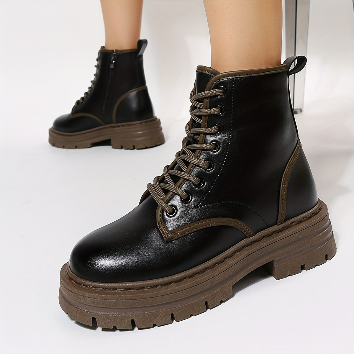Women's Side Zip Combat Boots Lace Up Platform Chunky Ankle Boots