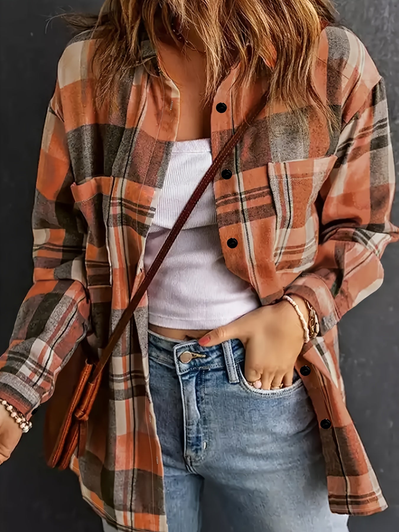  Plaid Print Long Sleeve Button Up Collar Shirt