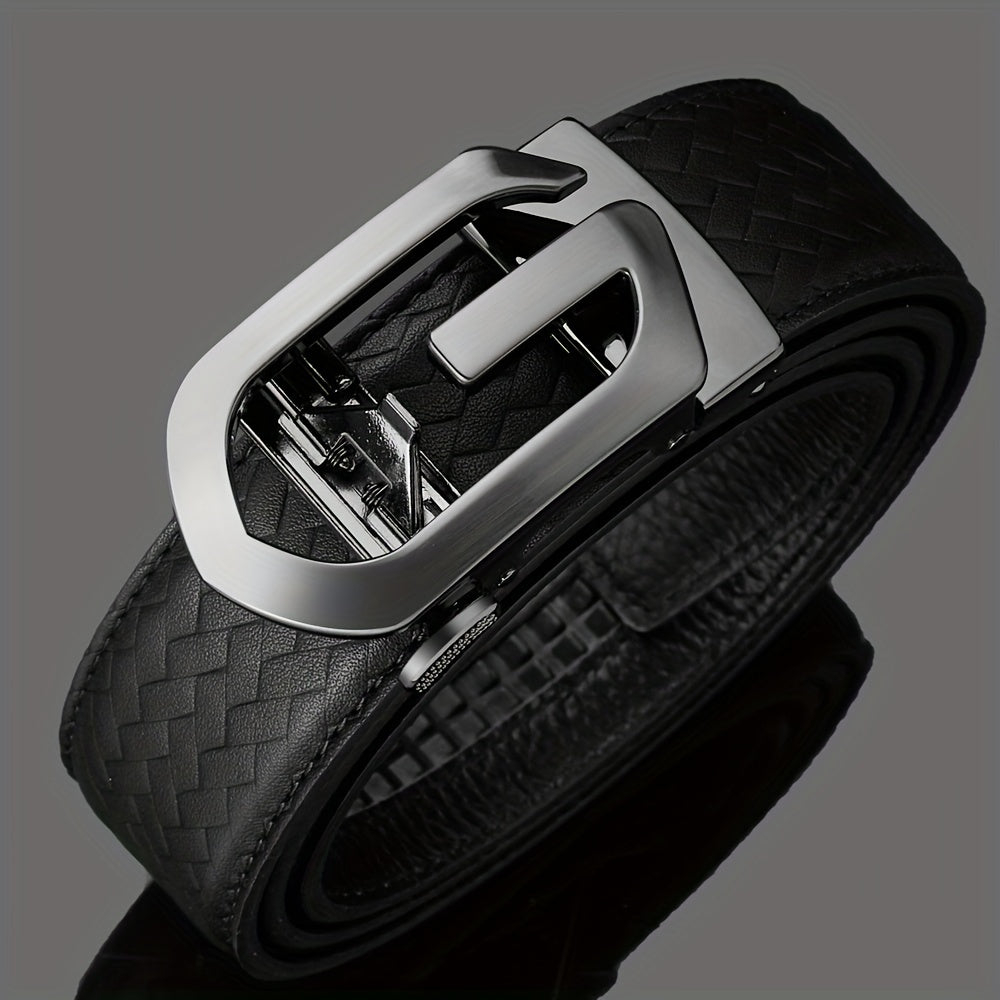 Men's Leather Belt Automatic Buckle Hollow Out Weaving Leather Micro Adjustable