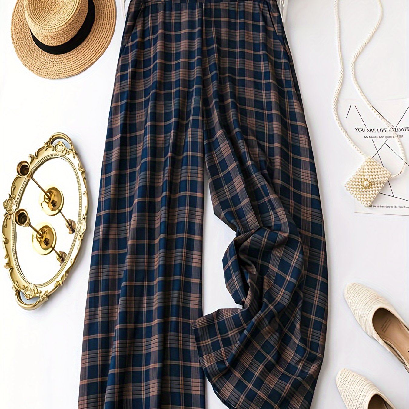 Women's Plus Plaid Wide Leg Stretch Pants