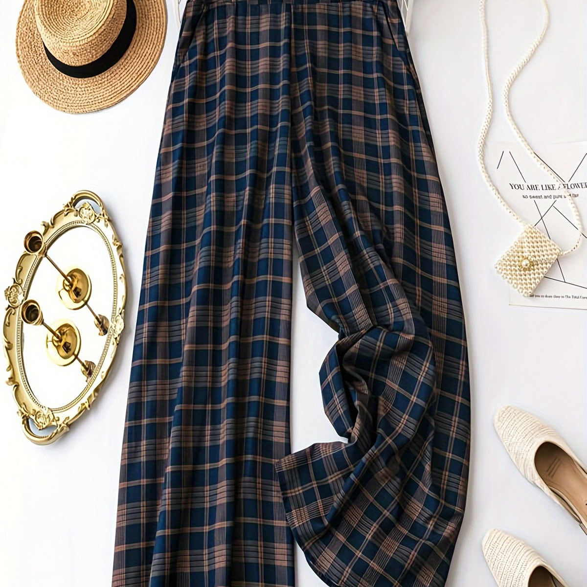 Women's Plus Plaid Wide Leg Stretch Pants