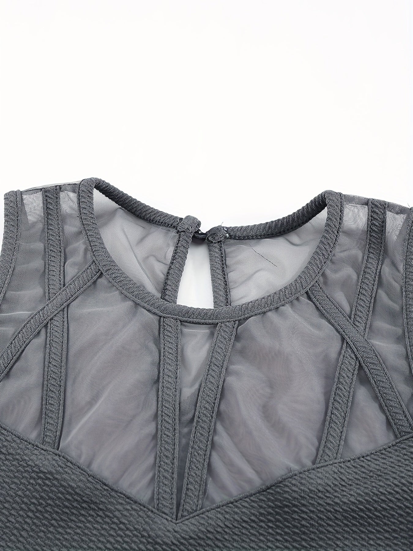  Contrast Mesh Tank Top Round Neck Stretch Crinkle Tank