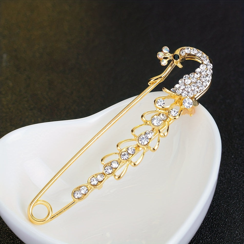 Men's Diamond Peacock Pin Brooch Golden Alloy Peacock