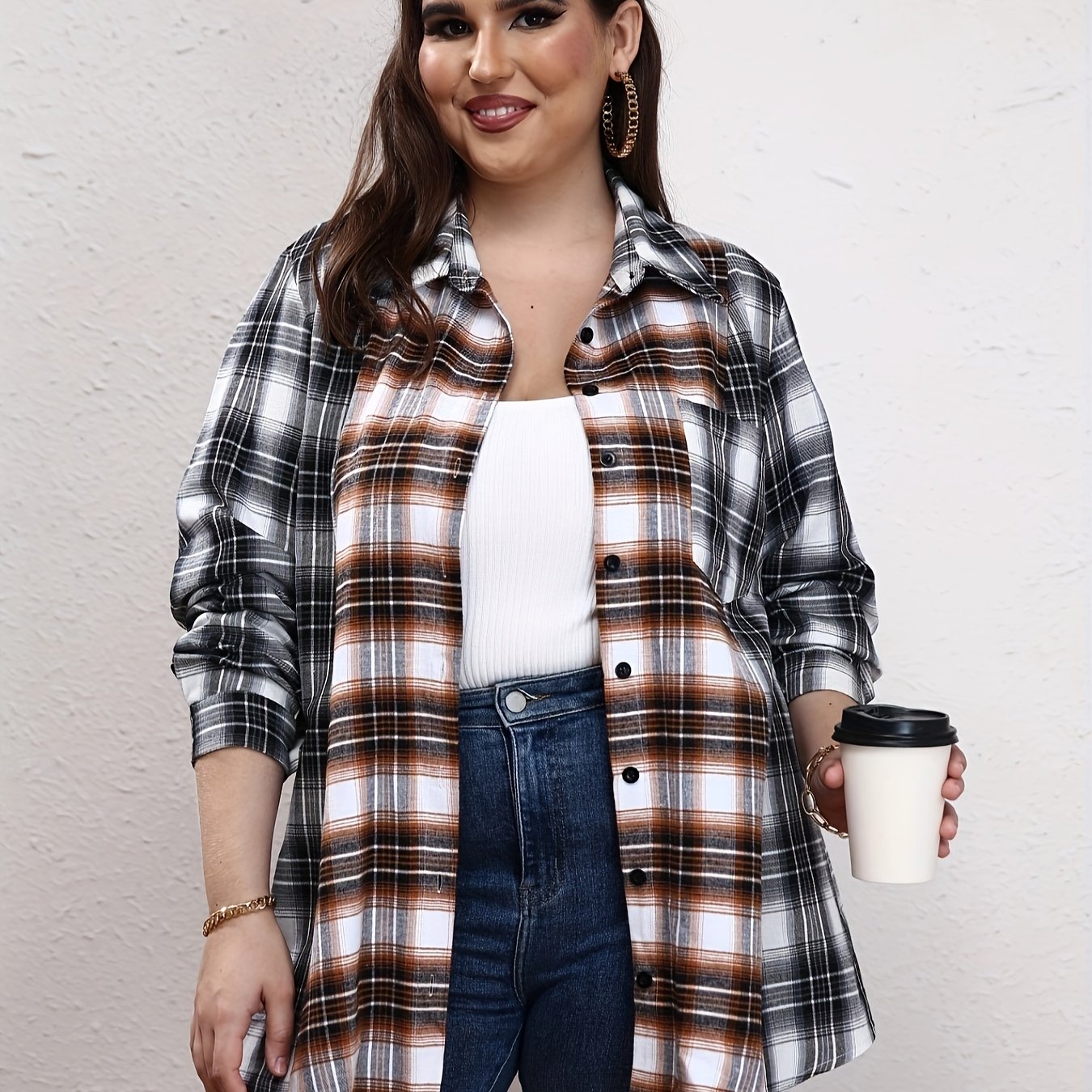  Colorblock Plaid Print Long Sleeve Blouse