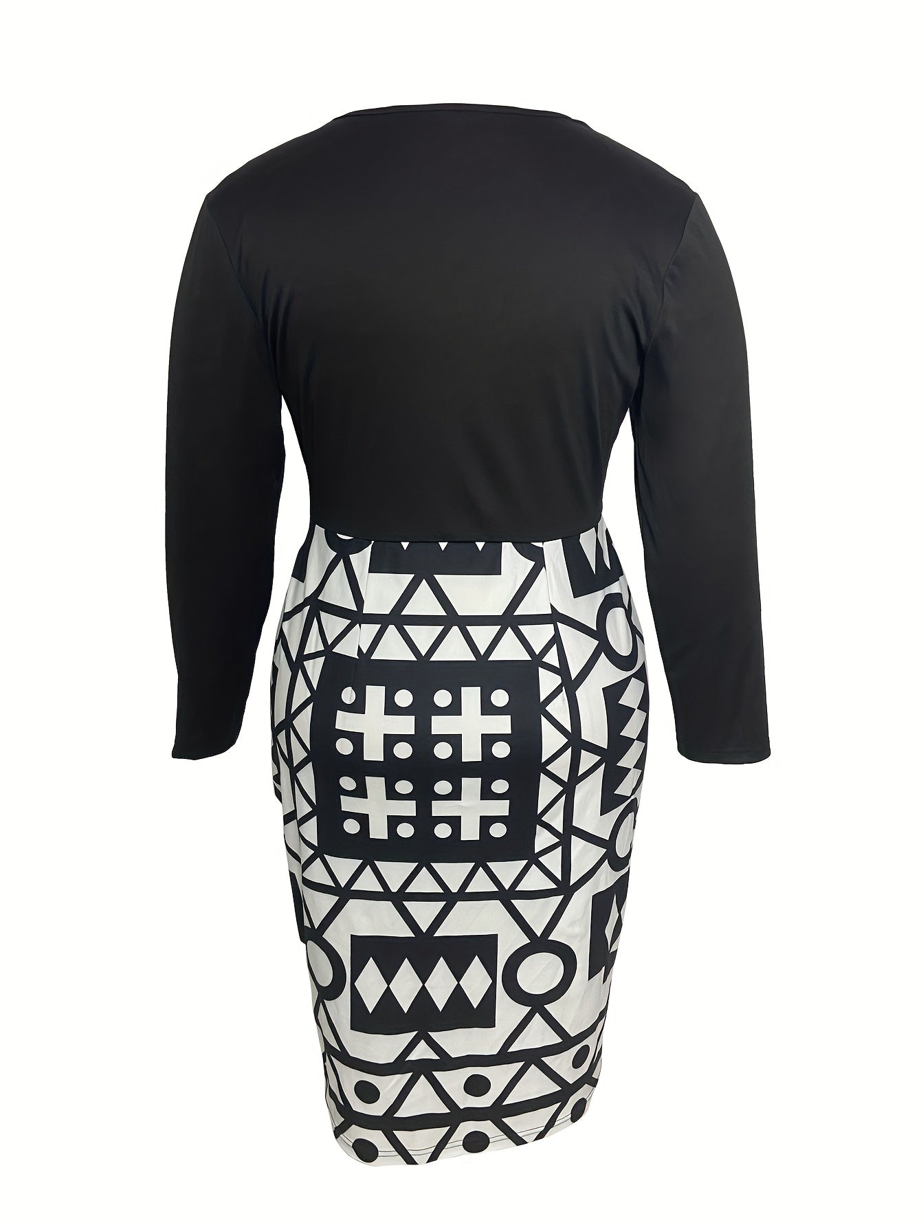  Colorblock Geo Print Long Sleeve Round Neck Dress