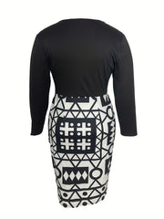  Colorblock Geo Print Long Sleeve Round Neck Dress