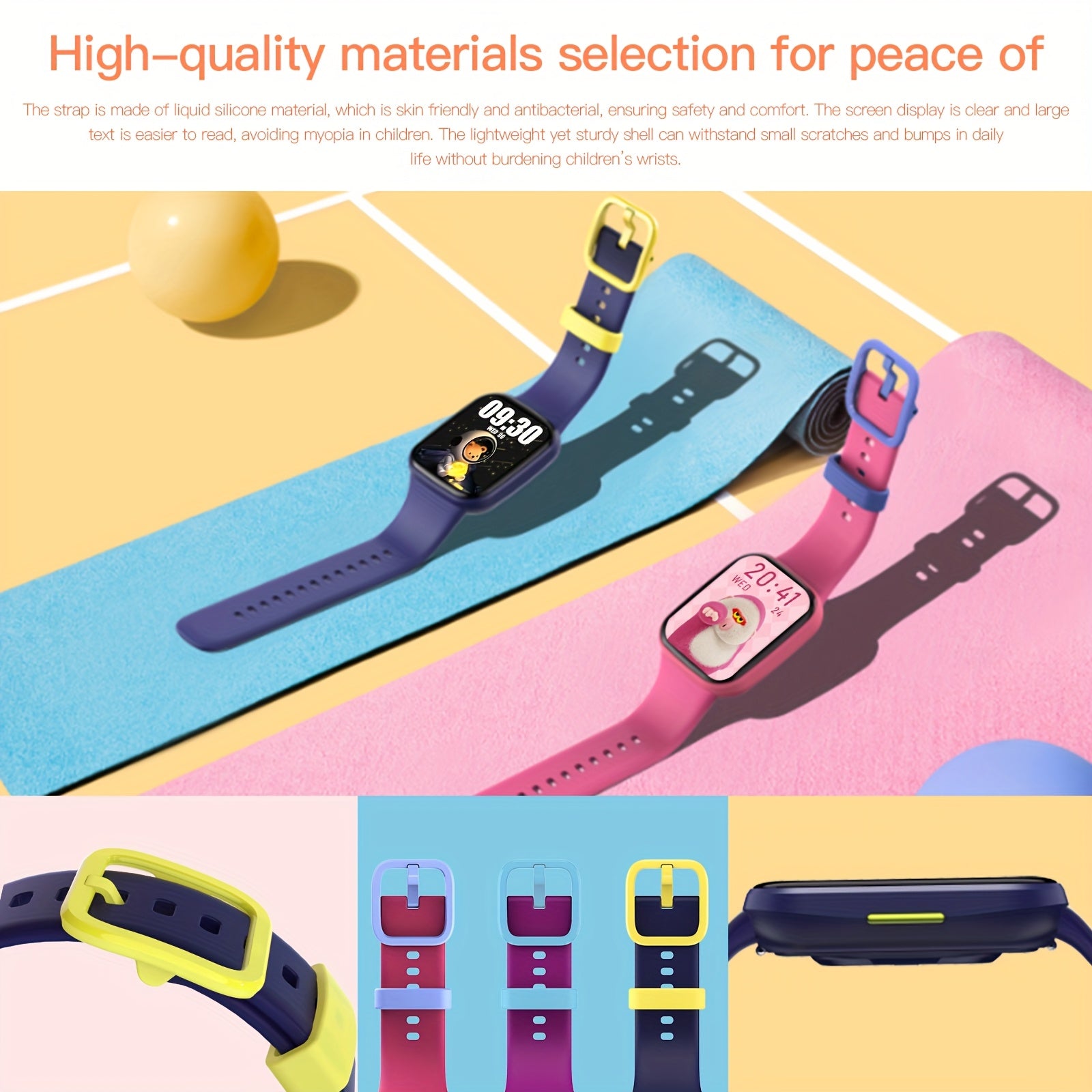 Kids Smartwatch Pink Purple Ages 6-12 Magnetic Charging Silicone Strap
