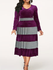  Glitter Colorblock V Neck Midi Dress