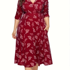  Cactus Print Surplice Neck Midi Dress With Pockets