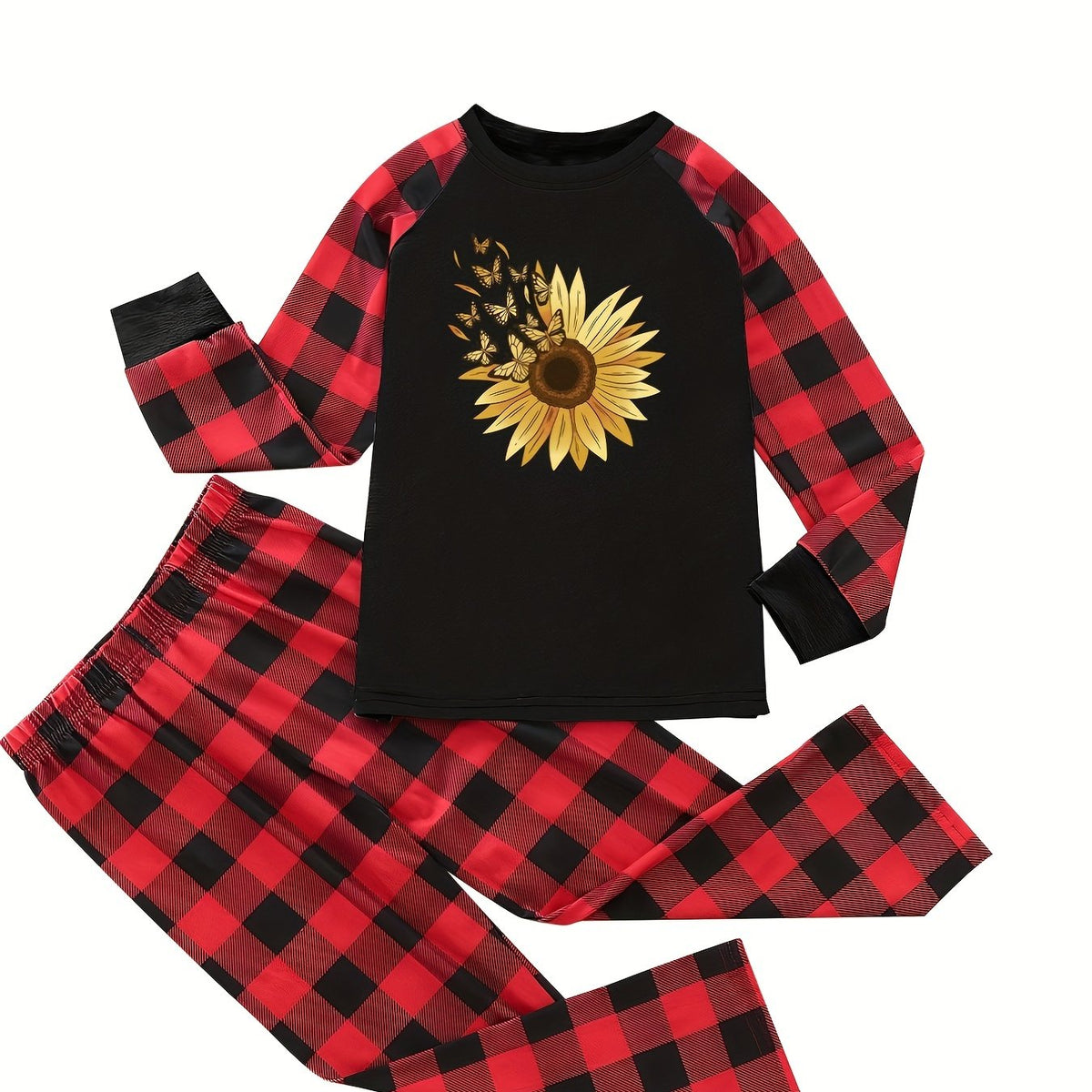  Women's Plaid & Butterfly Sunflower Print Lounge Set