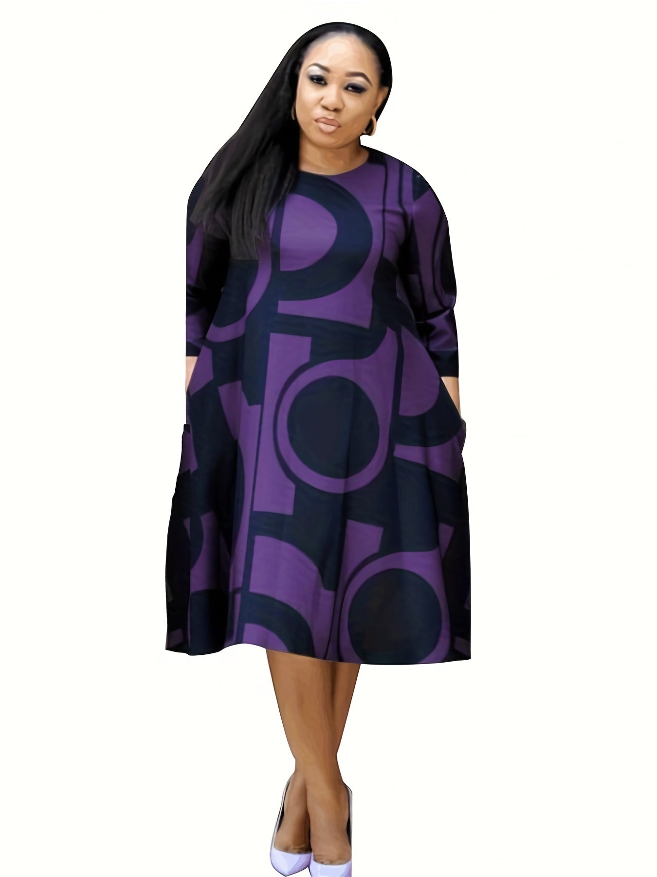 Plus Geometric Print Long Sleeve Round Neck Dress With Pockets