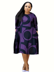 Plus Geometric Print Long Sleeve Round Neck Dress With Pockets