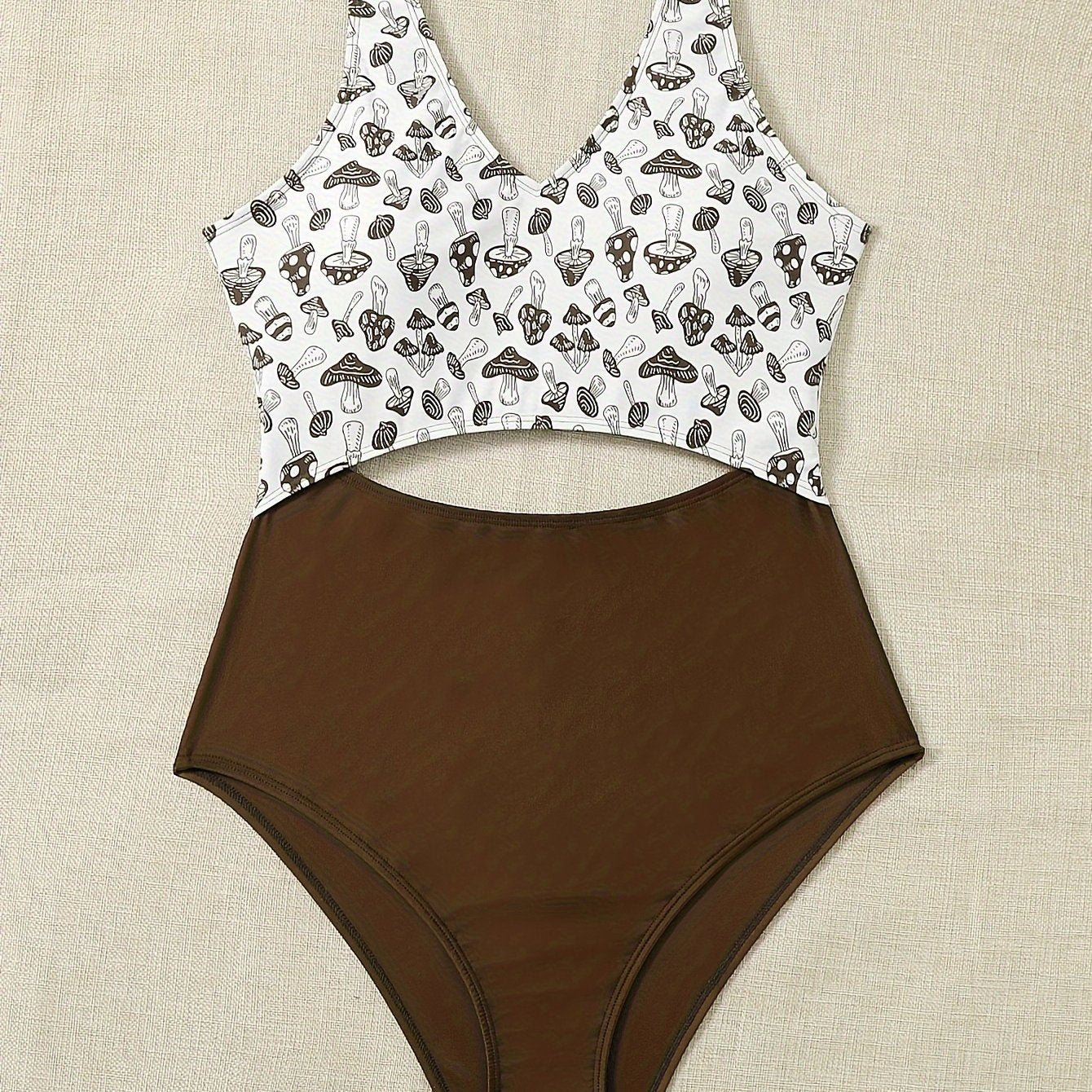  Sexy Mushroom Print V Neck Cut Out One Piece Swimsuit