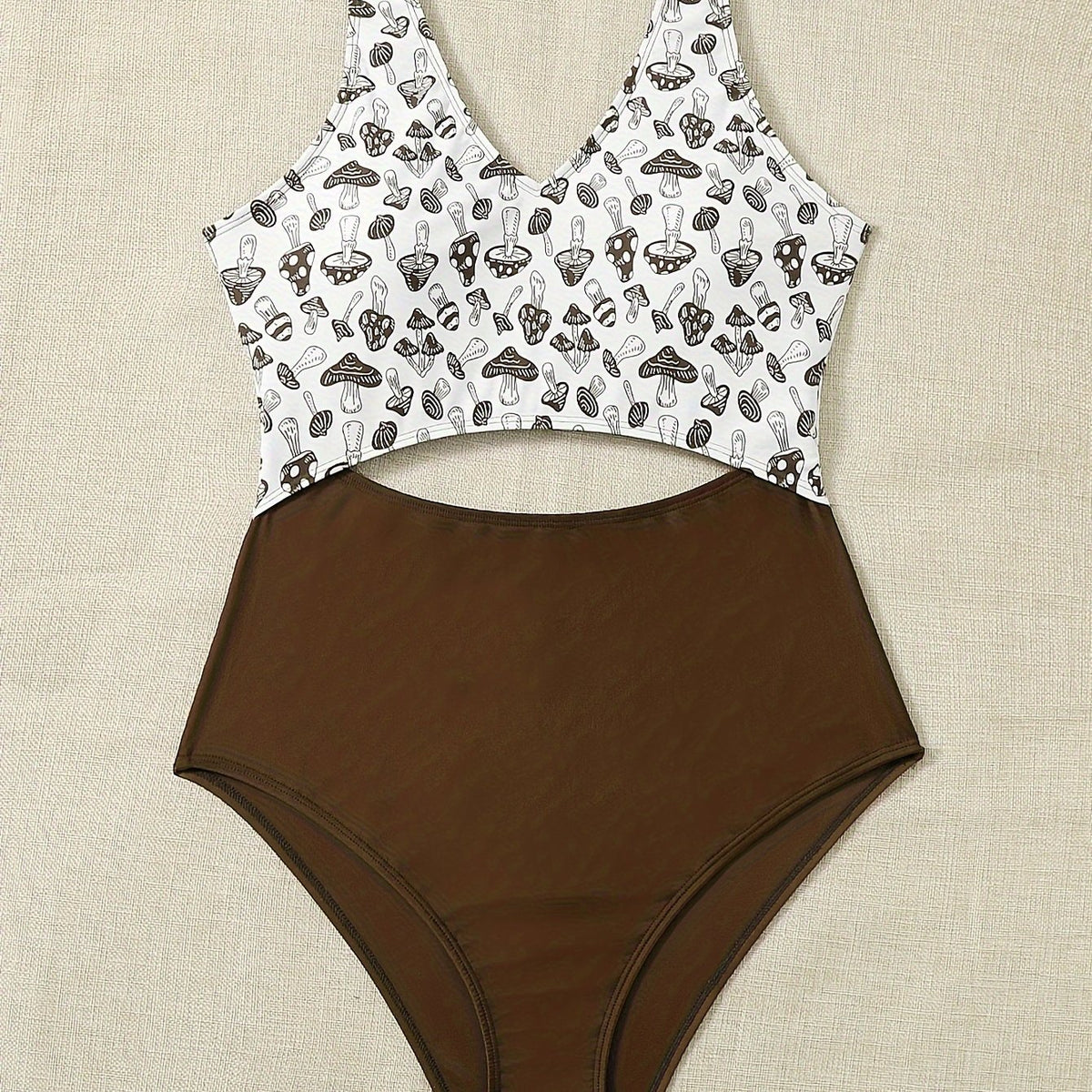  Sexy Mushroom Print V Neck Cut Out One Piece Swimsuit