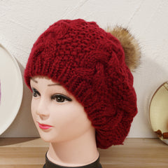 Women's Woolen Beanie Hat with Faux Fox Fur Pom Pom