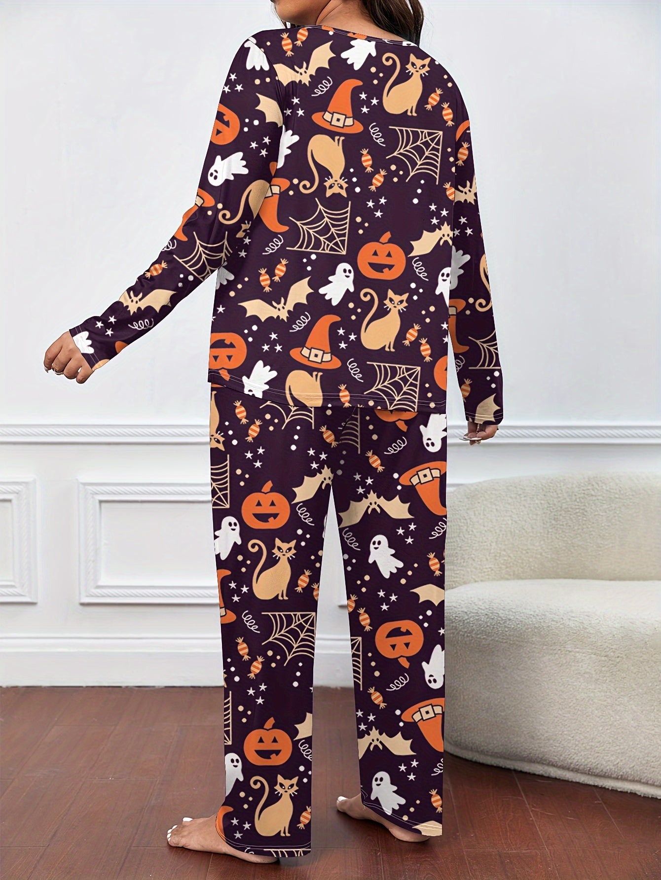  Halloween Pajamas Set Allover Halloween Graphic Tee & Pants Lounge Set