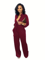 Button Up High Neck Long Sleeve Jumpsuit for Women