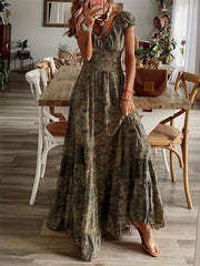  Floral Print Bubble Sleeve V Neck Nipped Waist Maxi Dress