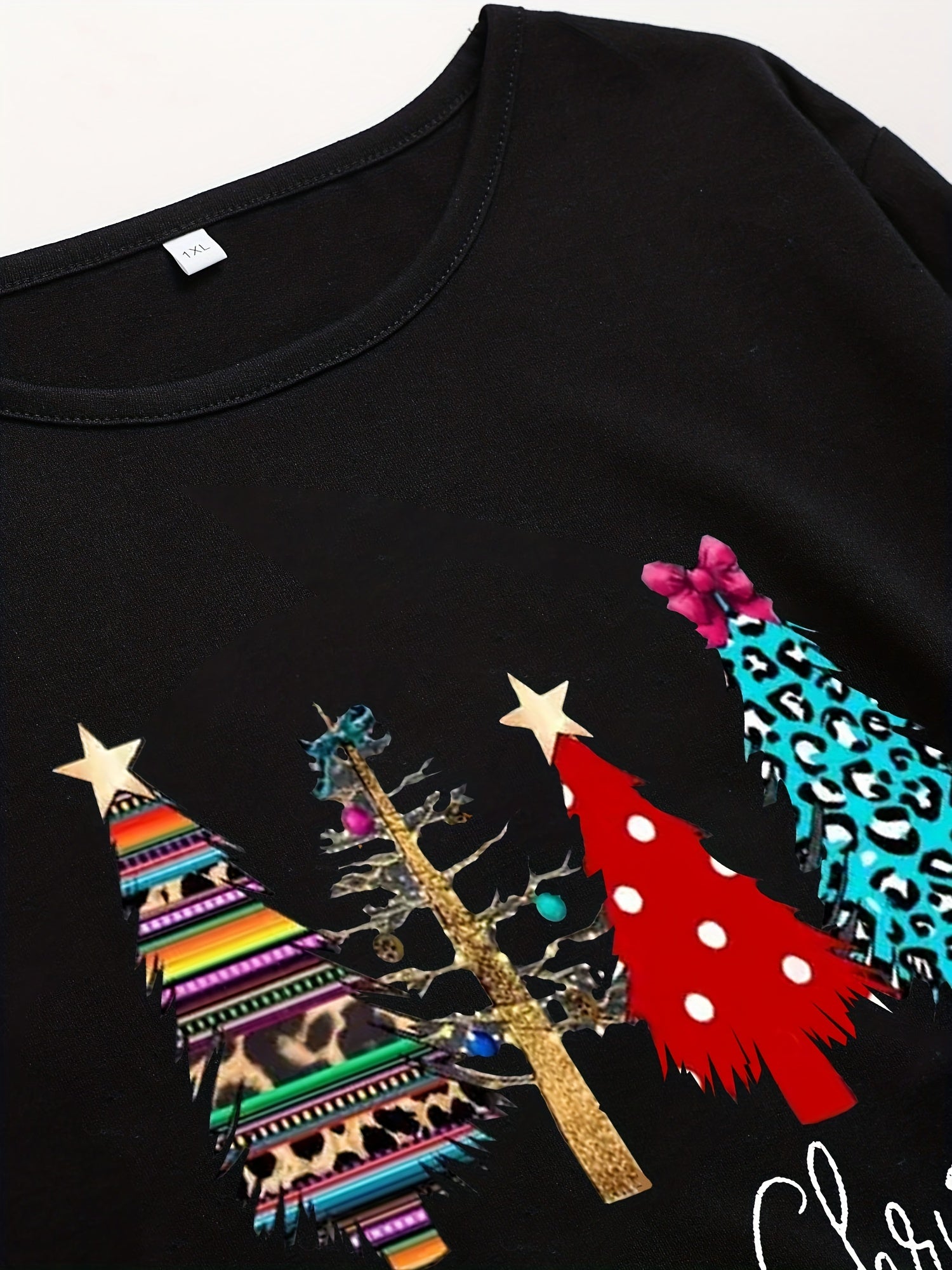  Christmas Tree Print Long Sleeve Round Neck Baggy Dress