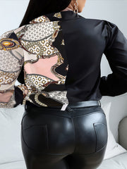 Colorblock Chain Print Long Sleeve Blouse