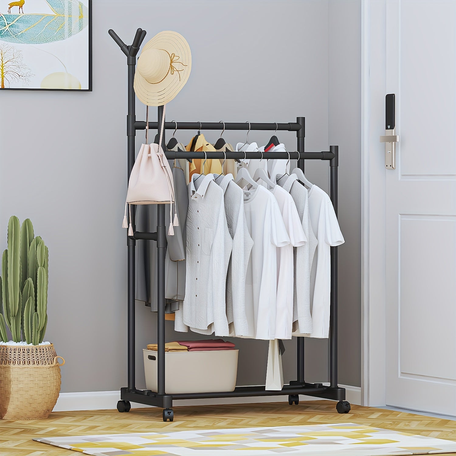 Double Pole Coat Rack With Pulley 2 Layer Clothes Rack Standing Coat Rack