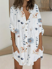  Floral Print Button Up Long Sleeve Tunic Shirt