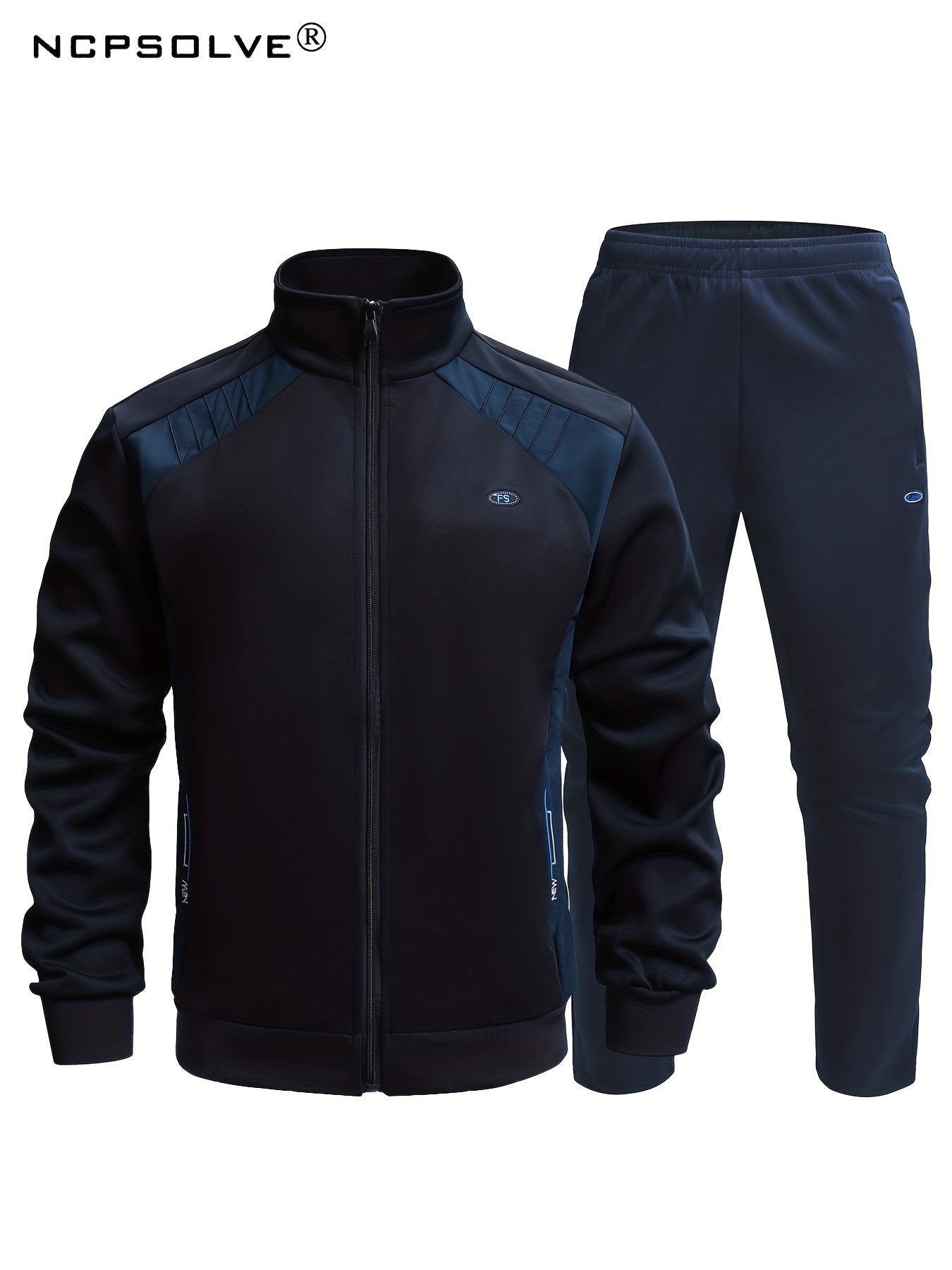 Men's Sports Suit Solid Block Stand Collar Zip Up Jacket & Stretch Waist Pants