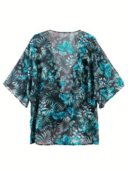  Tropical Print Short Sleeve Open Front Cardigan