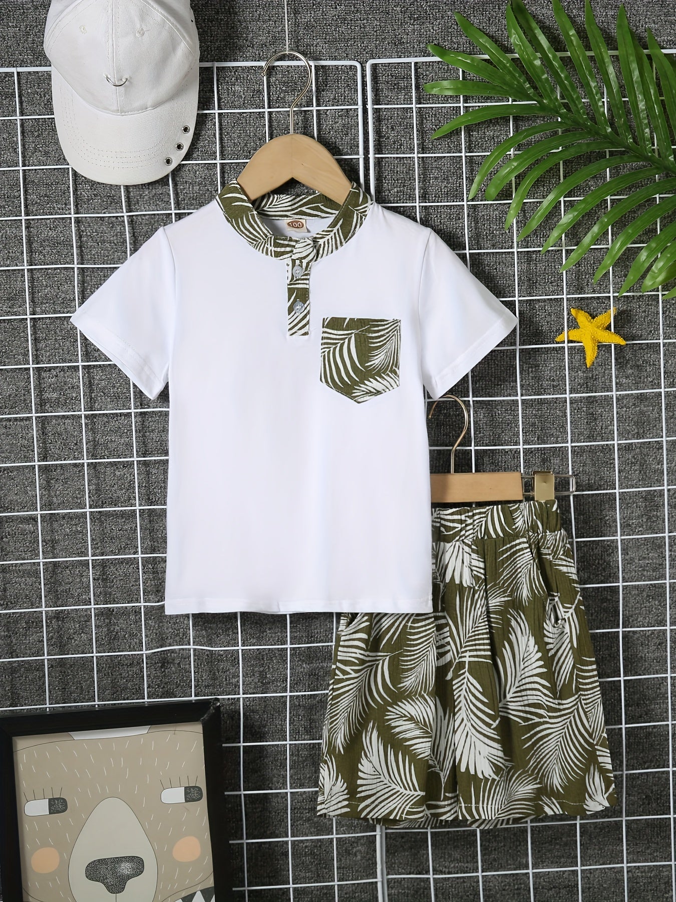 Boys Leaves Print Polo Shirt & Shorts Set Kids Summer Clothes