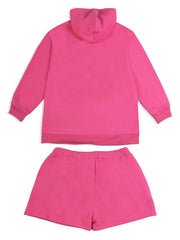  Solid Hooded Sweatshirt & Drawstring Shorts Set