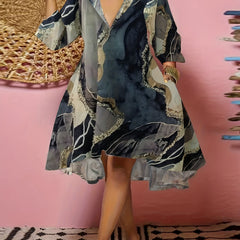  Marble Print Half Sleeve V Neck Dress With Pockets
